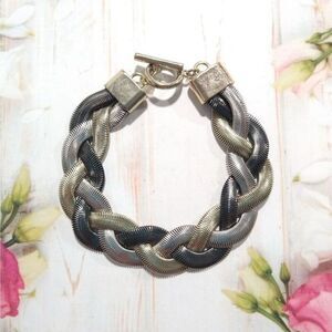 Tri Tone Braided Chain Bracelet Silver Gold & Black with Toggle Closure